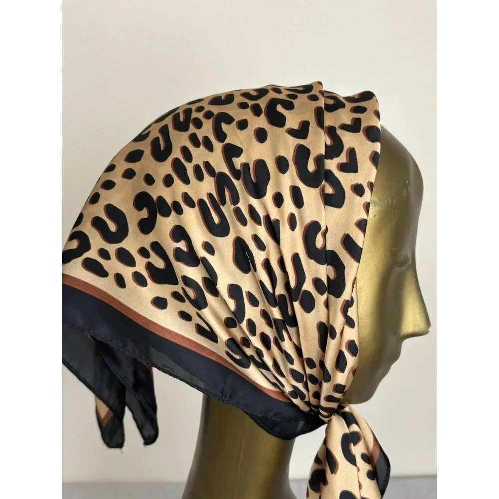 Elegant Leopard Print Design Scarf 26” Square Black & Brown Silky Smooth